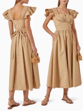 Gizia Neutral Frill Sleeve Maxi Dress Sz 42 (US 10) Cotton Milkmaid Cottagecore
